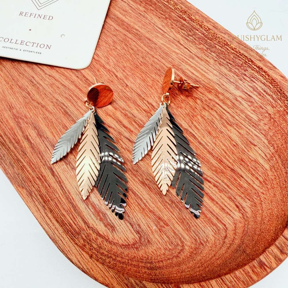 Modern Layered Leaf Drop Earrings – Mixed Metal Gold & Black